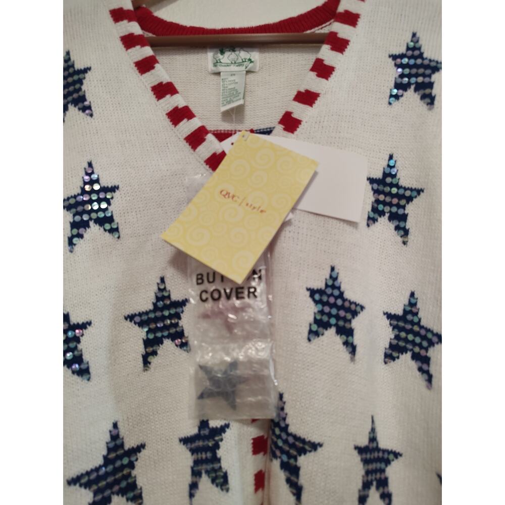Quacker Factory White Blue Red Short Sleeve Patriotic Button Front Sweater 2X - Picture 7 of 11